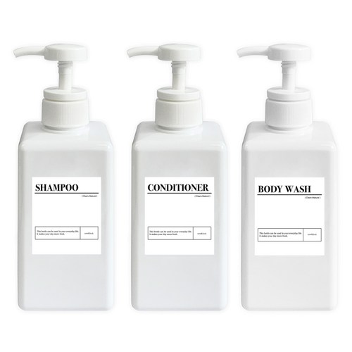 뉴앤룩 욕실 디스펜서 일반형 450ml x 3p + A 라벨 스티커 샴푸 + 스티커 컨디셔너 + 스티커 바디워시 세트, 화이트, 1세트