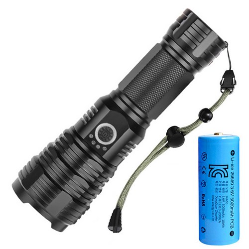 LED J65줌 써치라이트 + 26650 충전식 배터리, 블랙, 1세트