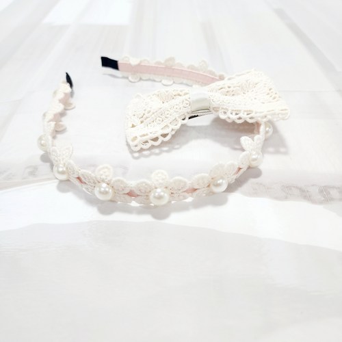 [뽕삔] 꽃 진주레이스 머리띠+ 리본집게핀세트
