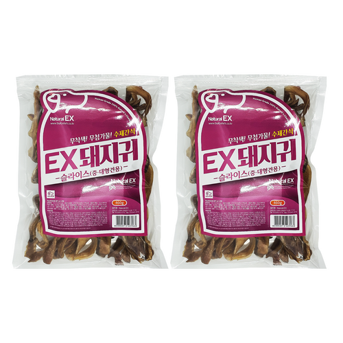 네츄럴EX 460g 대용량 1+1 수제간식, 돼지귀 슬라이스, 2팩