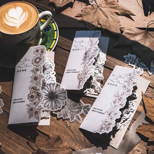 빈티지 흑백 꽃 플라워 트레이싱지 다꾸 스티커 8종, 6.아이리스 (ST-3530)