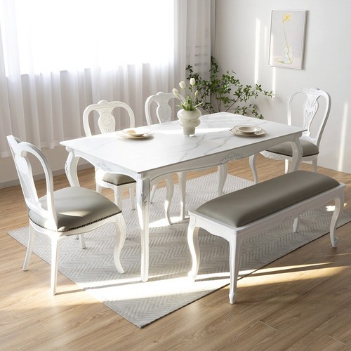 린 프렌치 앤틱 포세린 세라믹 6인용 식탁 + 봄베이 의자 벤치 세트, 6인테이블+의자6개