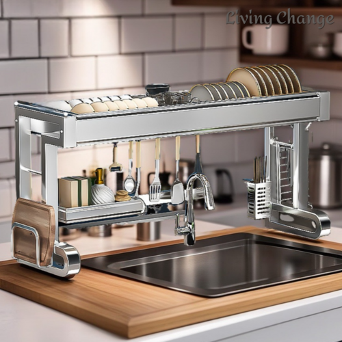 리빙체인지 304 스텐 프리미엄 식기건조대 확장형 길이 조절 무타공, 1단 올인원 모듈