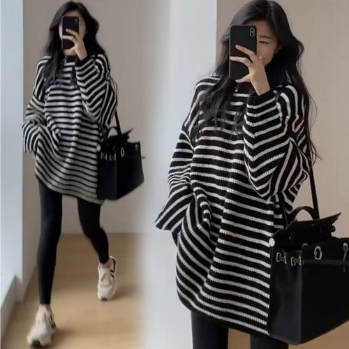 핏몬 여성 오버핏 스트라이프 롱 니트 빅사이즈 힙커버 박시 스웨터