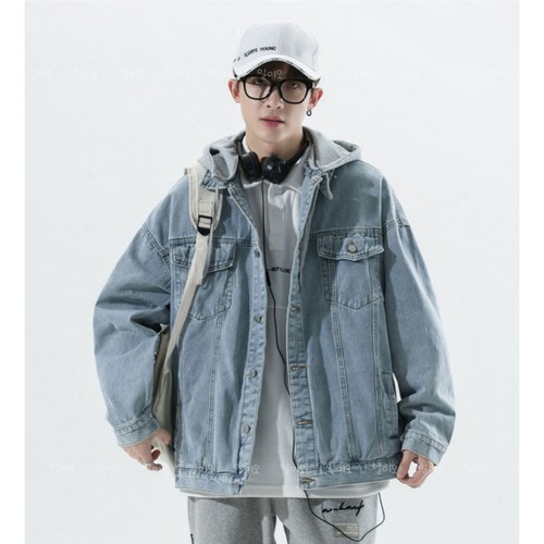 일이오 남자 오버핏 후드 탈부착 워싱 데님 청자켓