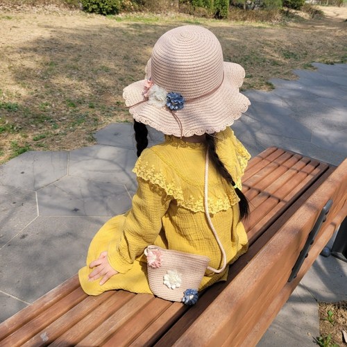 아동용밀짚모자 여아라탄 어린이모자가방세트