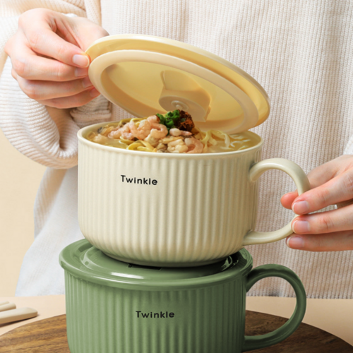 육개장사발면도자기 컵라면 용기 전자레인지 그릇 손잡이, 베이지, 양수