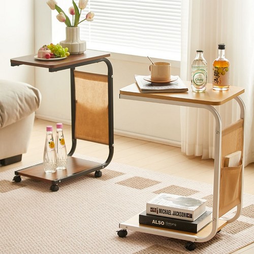 이동식 사이드 테이블 작은 가벼운 바퀴달린 협탁 침대 쇼파 혼밥, 화이트 프레임 블랙