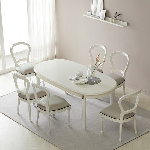 크램드 프렌치 엔틱 6인용 타원 원목 식탁 세트 화이트 빈티지