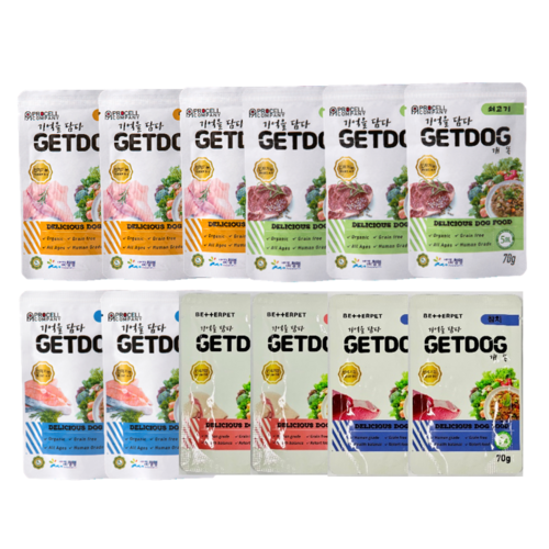 개똑 강아지 습식사료 주식 파우치 소고기+닭고기+연어+오리+참치+황태 70g 12개, 소고기맛+닭고기맛