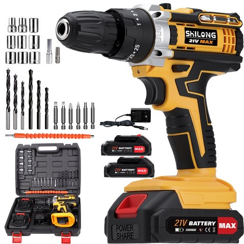 SHILONG 21V 가정용 전동 드릴 무선 드라이버 2000mAh 배터리2개 풀세트, 추가배2터리 × 1개