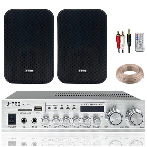 제이프로 240W 블루투스 매장용 카페 매장 업소용 벽걸이 미니 앰프 스피커 2개 세트+리모콘+PC선 1.5M+스피커케이블 20M, 블랙