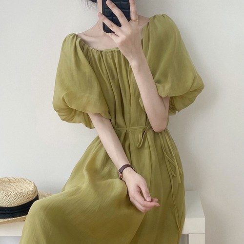 POMTOR 여름 스퀘어 칼라 하객룩 휴양지 루즈 원피스