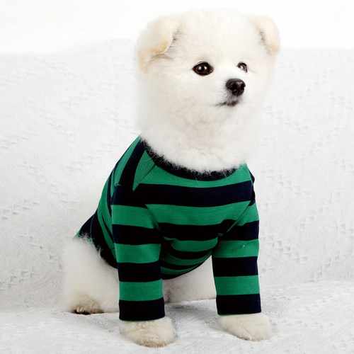 럭키페터 베이직 스프라이프 강아지 옷 소형견 대형견 티셔츠 실내복 강아지 내복, 그린/네이비, 1개