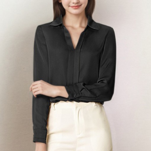 cheibear 여성용 새틴 V넥 긴팔 블라우스 비즈니스 캐주얼