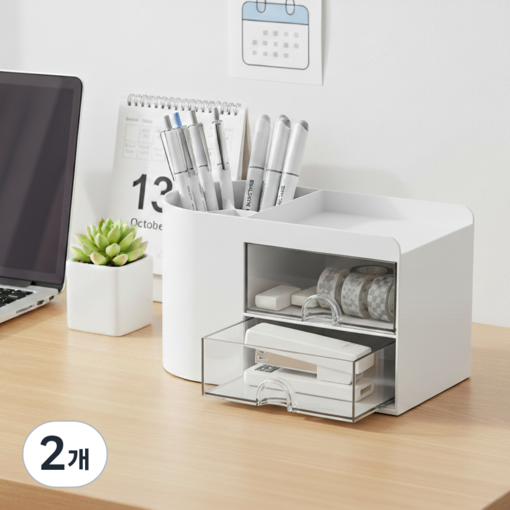 일상의힘 데스크 오거나이저 라운드형 펜홀더, 2개, 화이트