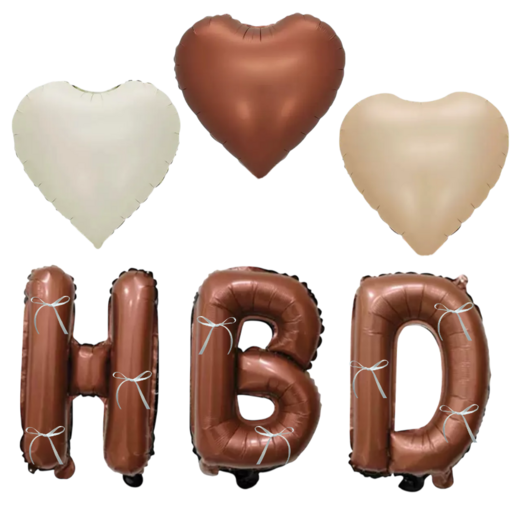 파티에진심인사람들 발레코어 리본 HBD 풍선+하트풍선 세트 러블리 생일파티 브라운 레터링 풍선