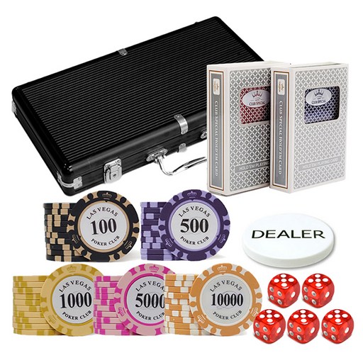 후니갬블 라스베가스 클레이칩 300p + 알루미늄 케이스 + 클럽스페셜 홀덤카드 2p + 딜러칩 + 열쇠 2p + 주사위 16mm 5p 세트