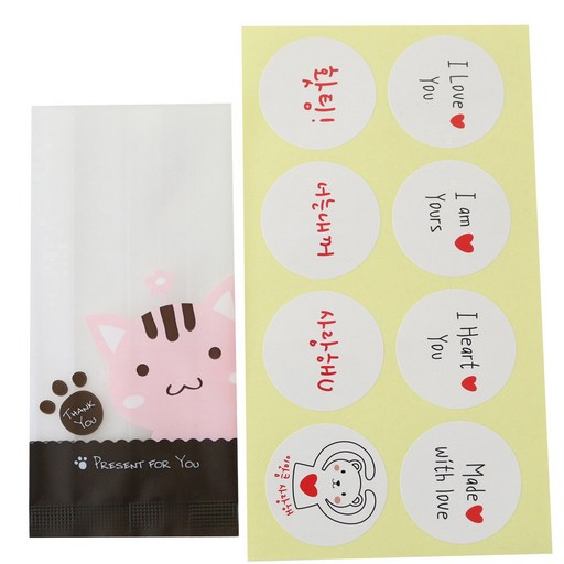 황씨네도시락 M쿠키봉투 고양이 50p + 스티커 연인 메시지 화이트 50p