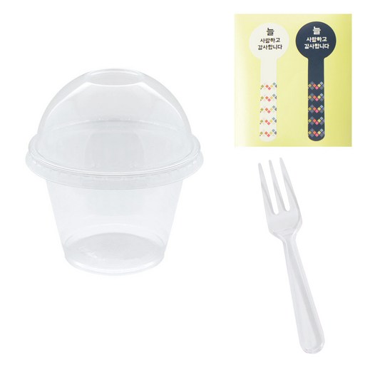 봄91 270ml 돔형 투명디저트컵 50p + N1901014 2종 조각보 감사인사 롤리팝 스티커 50p + TY세발 미니포크 50p 랜덤 발송 세트