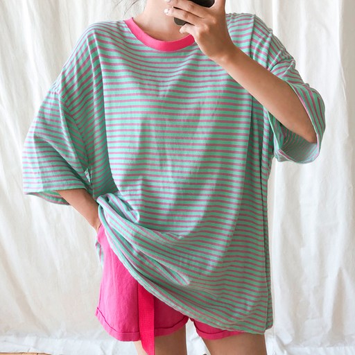 아모르데이 여성용 레니 단가라 루즈핏 비비드 컬러 라운드 베이직 박시핏 여름 반팔 티셔츠