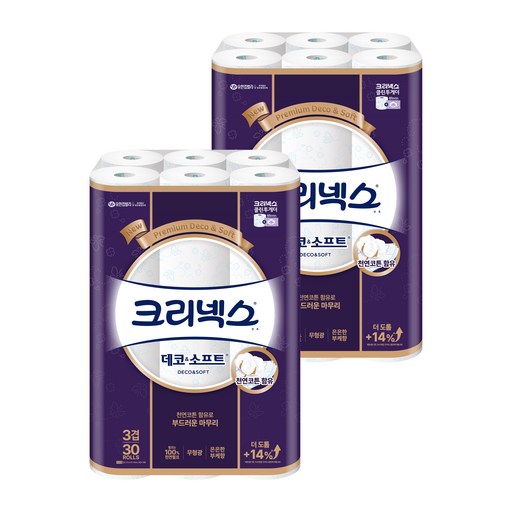 크리넥스 천연펄프 3겹 데코 소프트 27m 30롤 2개로 부드럽고 튼튼한 생활을 시작하세요