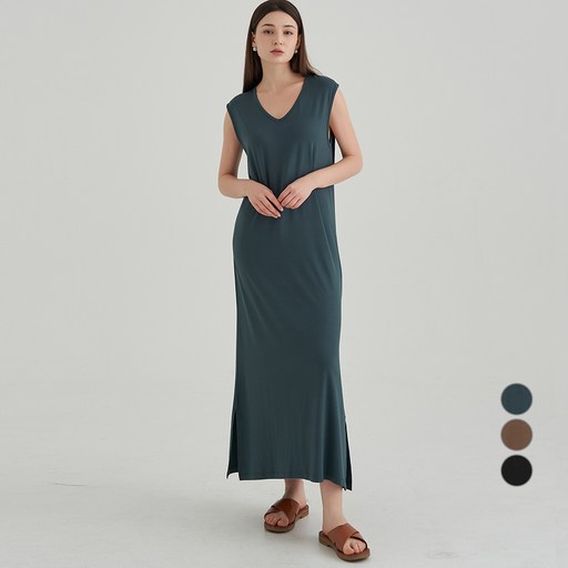 ELLE PARIS 찰랑 레이온 브이넥 민소매 슬림핏 롱 원피스