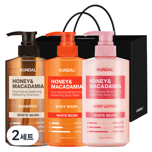 쿤달 샴푸 500ml + 바디워시 500ml + 바디로션 500ml 3구 선물세트 C 화이트머스크 + 쇼핑백 블랙