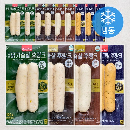 굽네 닭가슴살 후랑크 120g 마늘 3개입 + 청양고추 2개입 + 블랙페퍼 2개입 + 할라피노 2개입 세트 1080g (냉동)