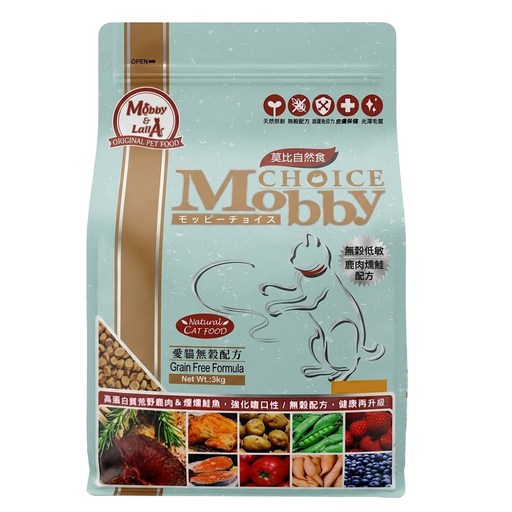 Mobby 莫比 全齡貓 愛貓無穀配方乾飼料, 1袋, 3kg, 鹿肉 + 鮭魚