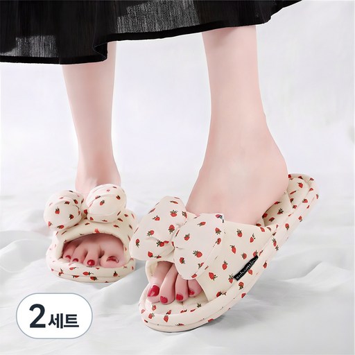오브메종 딸기 리본 면 슬리퍼
