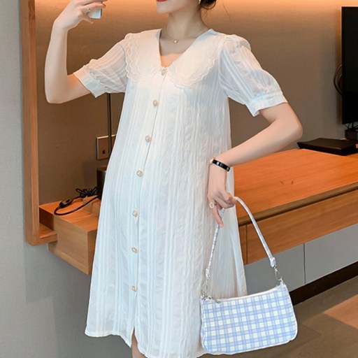 브이넥 진주 단추 청순 카라 미디 임산부 원피스