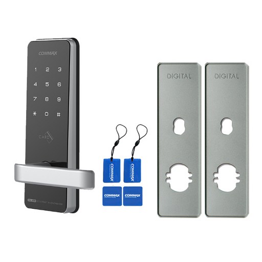 COMMAX 무타공 손잡이 있음 도어락 + 카드키 4p + 손잡이 있음보강판 세트 CDL-400M