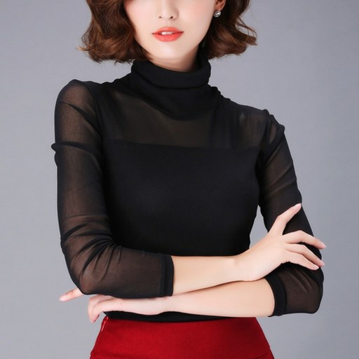 언헤브 메쉬 시스루 댄스복 하이넥 상의