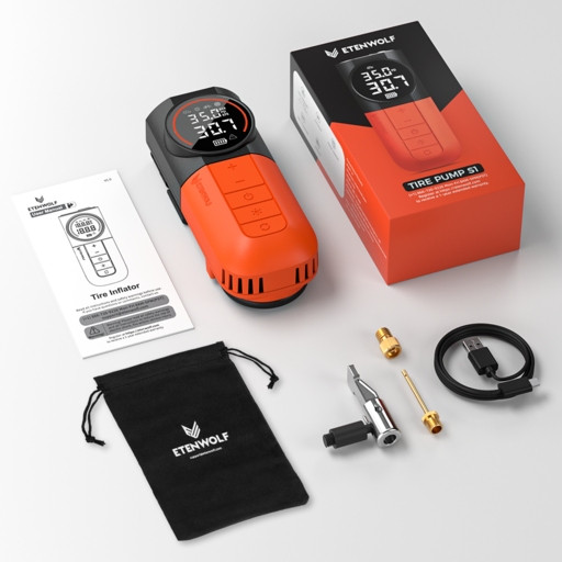 에텐울프 타이어 공기압 주입기 휴대용 무선 올인원 세트 5200mAh 타이어 압력 모니터링 LED손전등 보조배터리 다용도에어펌프