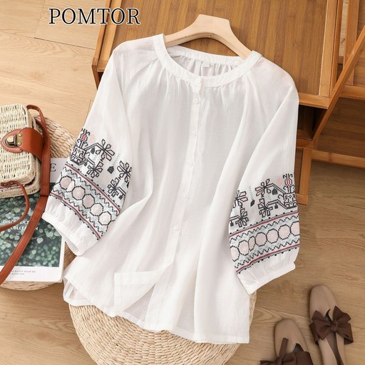POMTOR 여성 여름 자수 블라우스 라운드넥 린넨 셔츠