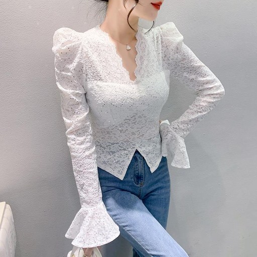 Angel  여성 빈티지 브이넥 나팔소매 긴팔티 반짝이 레이스 스판 상의