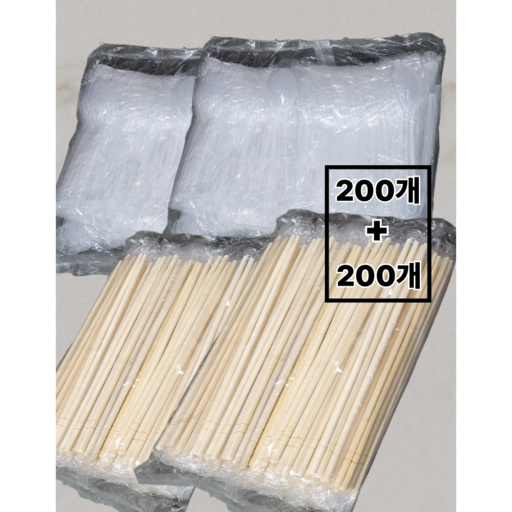 띠띠감성 일회용 숟가락 투명 200p + 일회용 대나무 젓가락 200p