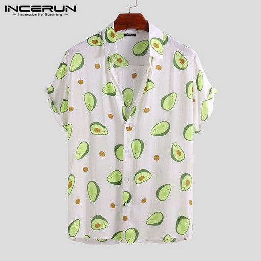 남자셔츠 INCERUN Summer Avocado Print Men Shirt Turn-down Collar Short Sleeve Casual Beach Hawaiian Shirts Men Streetwear Camisa 2021 5XL