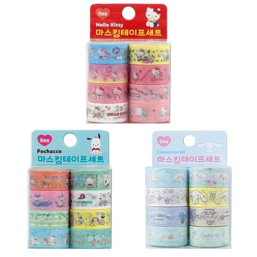 산리오 캐릭터 마스킹 테이프 8P세트 X 3종 (시나모롤 포차코 헬로키티)