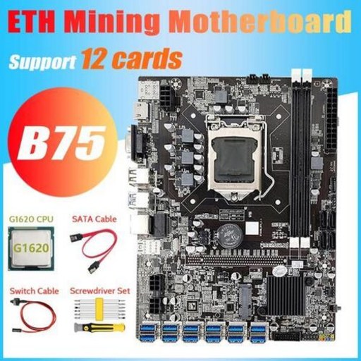 메인보드 B75 ETH 마이닝 마더 보드 12 PCIE To USB + G1620 CPU + 스크루 드라이버 세트 + 스위치 케이블 + SATA 케이블 DDR3 LGA1155 마더, 한개옵션0