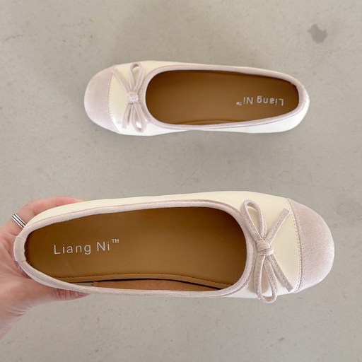 슈뿐 발편한 스퀘어토 리본 웨지 속굽 키높이 발레리나 투톤 플랫슈즈(4cm)