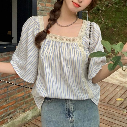 주디앤 여성 스퀘어넥 스트라이프 반팔 블라우스