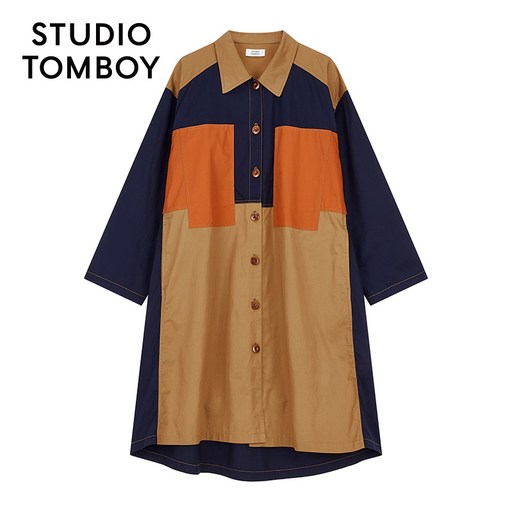 스튜디오톰보이원피스 STUDIO TOMBOY 봄/여름 한국 패션 캐주얼 루즈a 스타일 스플라이스 컬러 롱 원피스