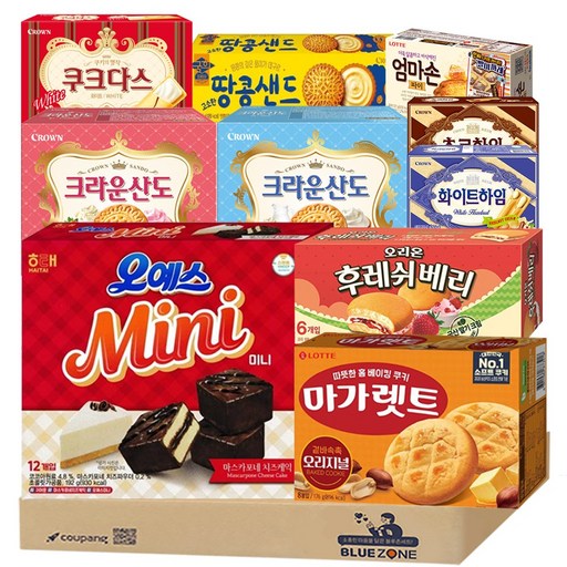 [블루존] 인기과자 10종 A (후레쉬베리168g+오예스미니+엄마손파이+마가렛트176g+쵸코하임47g+화이트하임47g+쿠크다스화이트77g+산도161g(크림+딸기)+땅콩샌드93g)