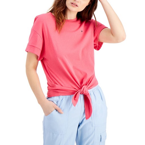 타미힐피거 여자 반팔 앞묶음 로고 크루넥 티셔츠 비비드 3컬러 Tie-Front T-Shirt