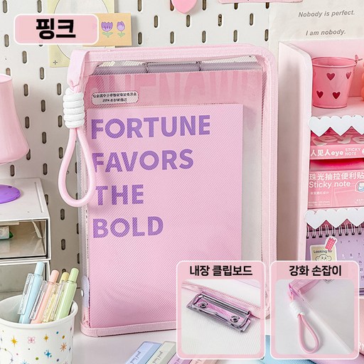 A4 지퍼형 메쉬 클리어파일 투명 파우치형 문서 정리보관 파일 파스텔 컬러 손잡이형