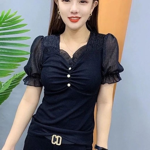 빌리즈빈 린넨타이블라우스 여름 여성 브리넥 레이스 퍼프 블라우스 S1106