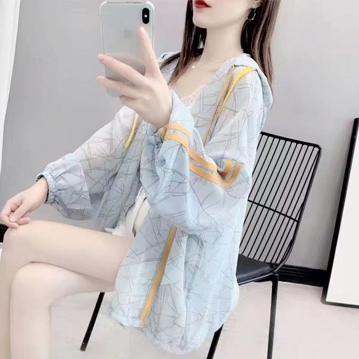 COSYEVNO 여자 빅사이즈 자외선차단 셔츠 루즈핏 후드 긴팔 쉬폰 상의