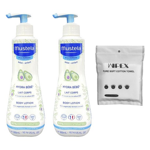 무스텔라 하이드라 키즈 바디로션 300ml 2개 + wipex 퓨어 소프트 코튼 타월 화이트 6개입